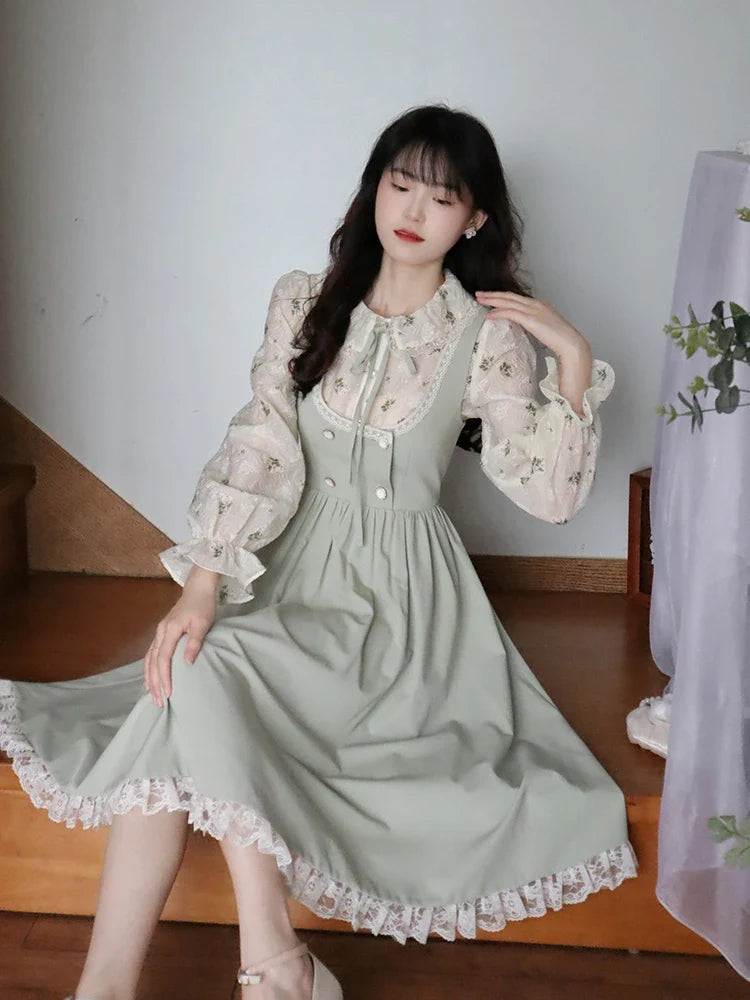 xsrrr DRESS TO IMPRESS Green Elegant Vintage Strap Dress Women Spring Lace Evening Party Midi Dresses Ladies Retro Korean Sweet Kawaii Fairy Dress