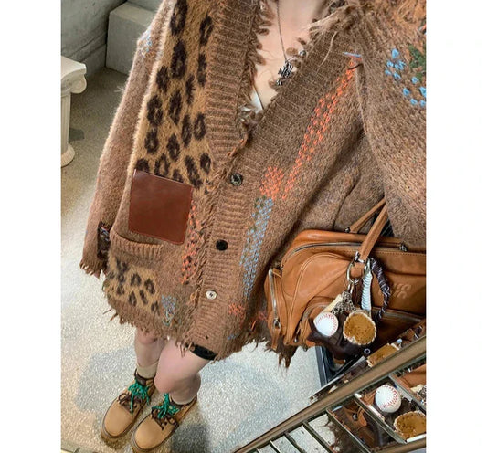 xsrrr Label Patchwork Leopard Cardigan Sweater Women Retro Ripped Tassels Button Down Knit Jacket Thick Warm Winter Outwear