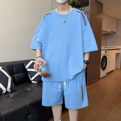 Oversized Tracksuit Men New Korean High Street Fashion Zipper Design T-shirt Shorts Two Pieces Sets Mens Streetwear Men Clothes