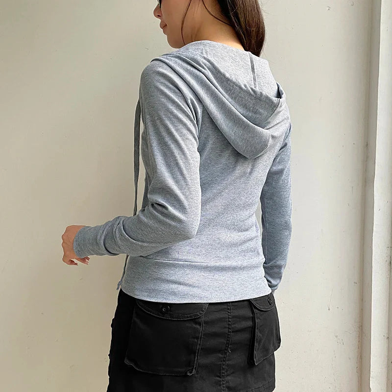 xsrrr Casual Hoodies Gray Women'S Sweatshirts Harajuku Y2K Long Sleeves Female Hooded Pocket Slim Fit Coat Autumn Korean New