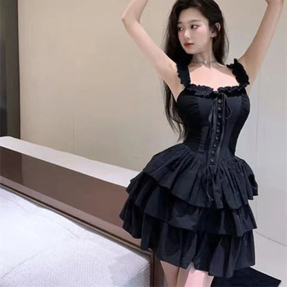 xsrrr Gothic Black Sexy Slip Dress Y2K Harajuku Streetwear Punk Lace Up Cake Dress Female Summer Korean Fashion Party Ruffles Dresses