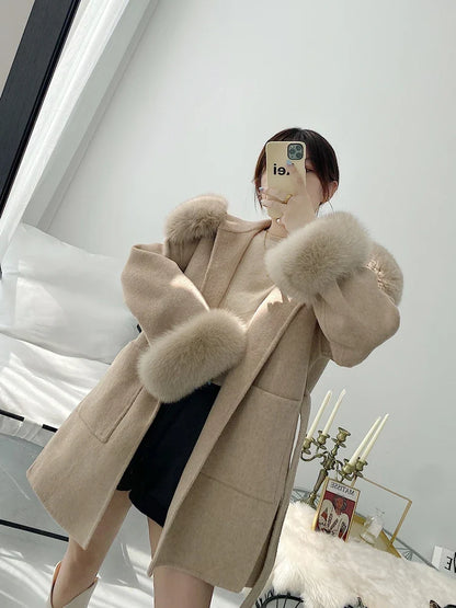 xsrrr New woolen Coat Oversize Ladies Outerwear Winter Women Natural Fox Fur Collar Cuffs Jacket Hood Cashmere Wool