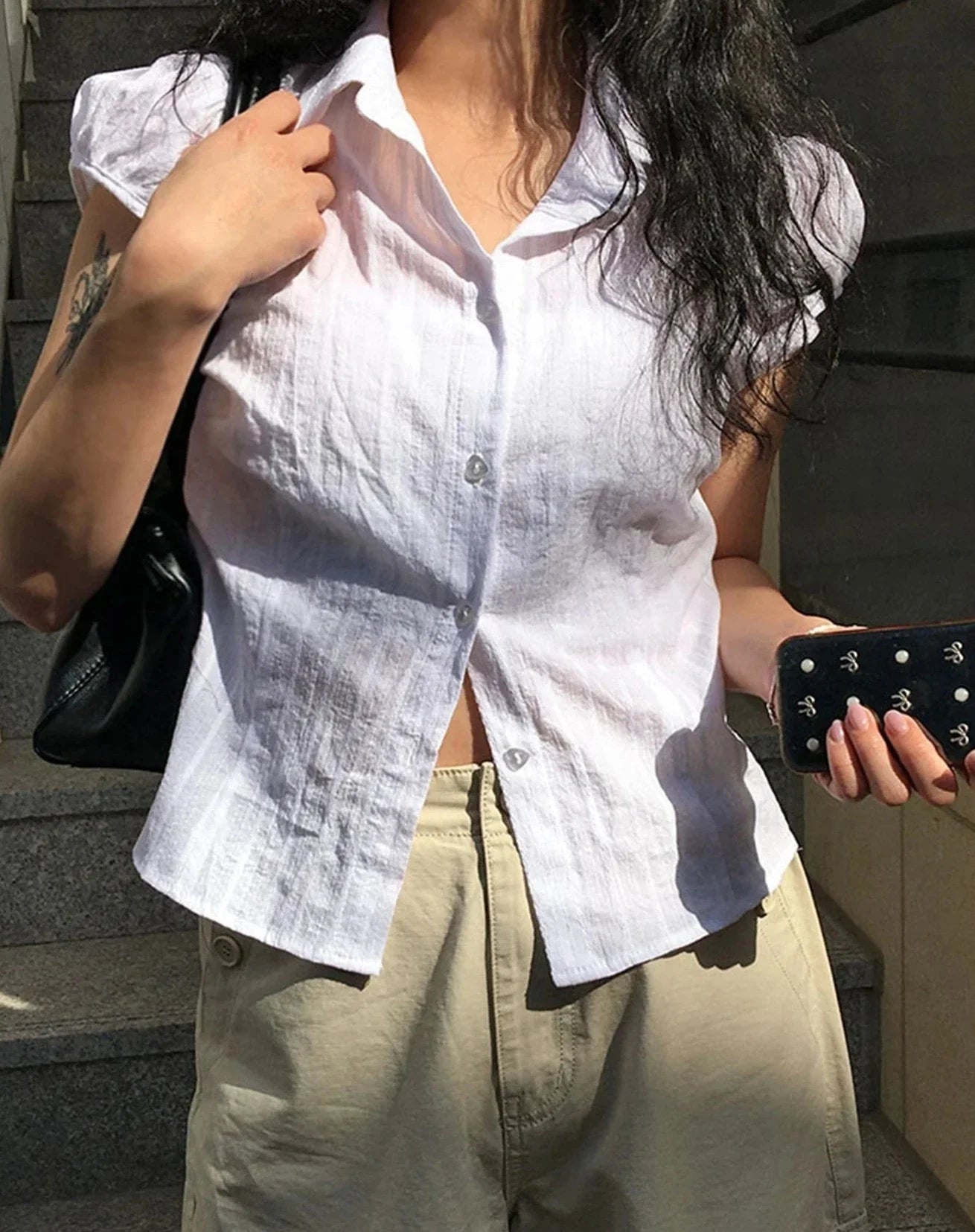 xsrrr Elegant Fashion Solid Stripped Blouse Basic Slim Turn-Down Collar Short Puff Sleeve Shirts Women 2024 Summer Office Lady