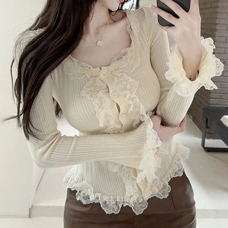 xsrrr Korean Sweet Cute Knit Crop Tops Autumn Spring Long Sleeve T-shirt y2k Fairycore 00s Retro Lace Trim O Neck Button Closure Tops