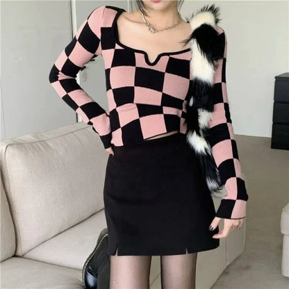 Hnewly Y2K Plaid Knitting Sweaters Autumn New Long Sleeve Slim Youth Short Korean Pullovers Top Fashion Temperament Women Clothing