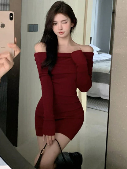 xsrrr Christmas Oufits Sexy Dresses Women Backless Knitting Slim Y2k Girls Tender Korean Style Soft Casual Autumn Slash Neck Hotsweet Cozy New Clubwear