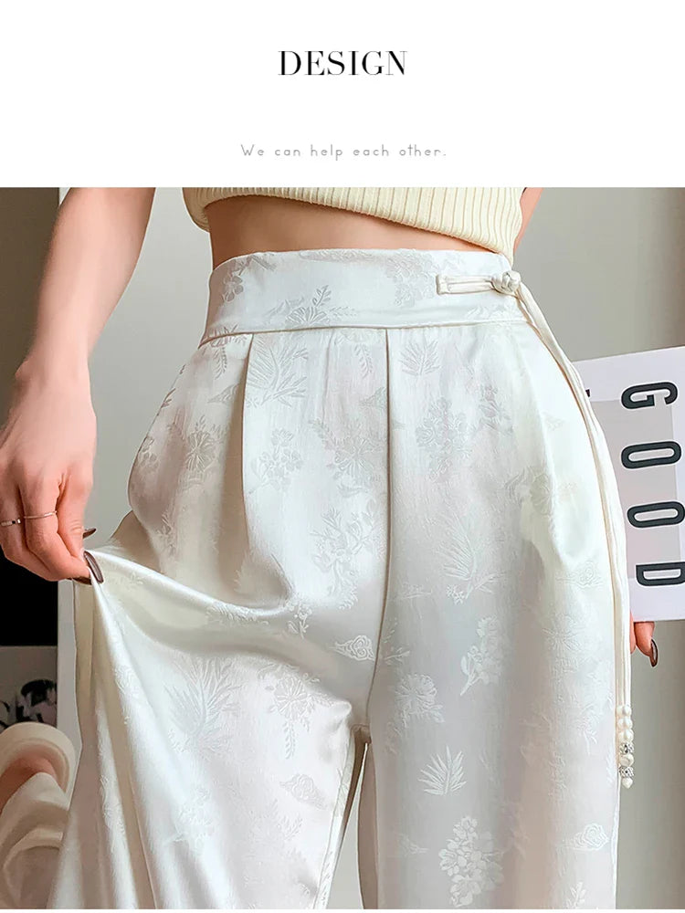 xsrrr New 2024 Spring Summer Wide Leg Loose Pants For Women Black Or White Color Chinese Style High Waist Jacquard Trousers Women