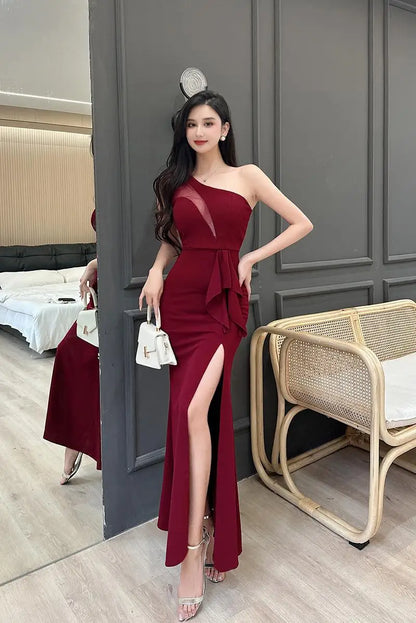 xsrrr Women Sexy Backless Slim Split Long Dress Summer Fashion Elegant Sleeveless Off Shoulder Elegant Club Party Mesh Dresses