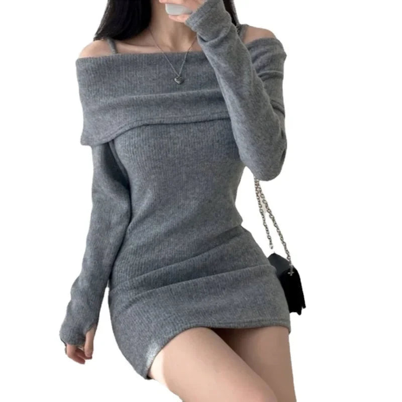 xsrrr Off Shoulder Suspender Lapel Knit Dress Women Korean Sexy Slim Bottomed Mini Dresses Autumn Winter Solid Suspender Sweater Dress