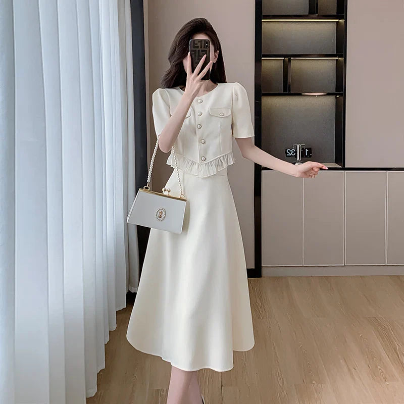 xsrrr French Vintage Solid Womens Midi Dress Short Sleeve O-neck Elegant Slim Summer Fashion Office Ladies Two Piece Set Clothing