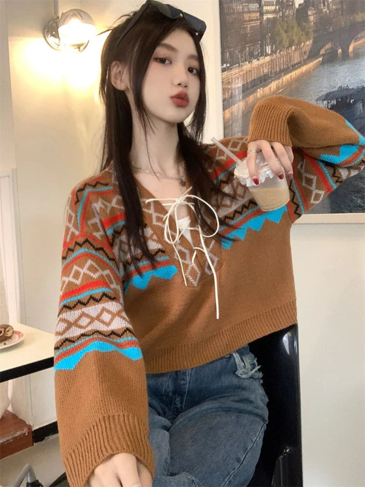 xsrrr Vintage Sweaters Women Lace-up Elegant Cozy V-neck Trendy Ladies BF Style Pullovers Ulzzang Knitwear Classic High Street Autumn