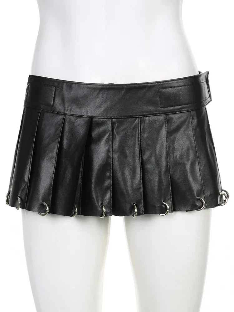 xsrrr Gothic Solid Pu Leather A-Line Skirt Dark Casual Low-Waisted Super Mini Skirts Women Autumn Winter Streetwear Lady