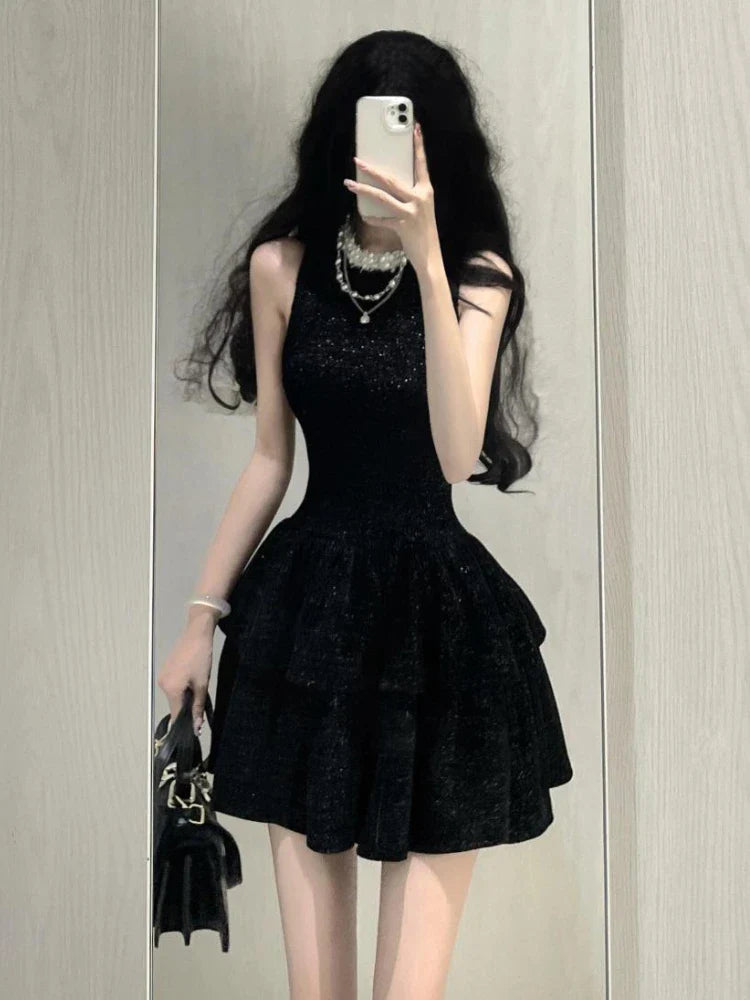 xsrrr French Black Vintage A-line Dress Women 2024 Summer Sequins Y2k Design Elegant Even Party Dress Female Solid Korea Style Clothes