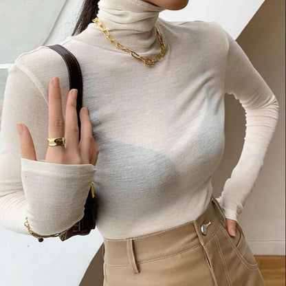 xsrrr New Basic Turtleneck Long Sleeve Women T-shirt Autumn Winter Long Sleeve Slim Stretch Tops Ladies Sexy All-match Tees