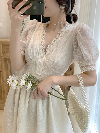 xsrrr Summer Elegant Lace Fairy Dresses Women Embroidery Mesh Sweet Party Long Dress Female Elegant Korean Lolita Princess Dress