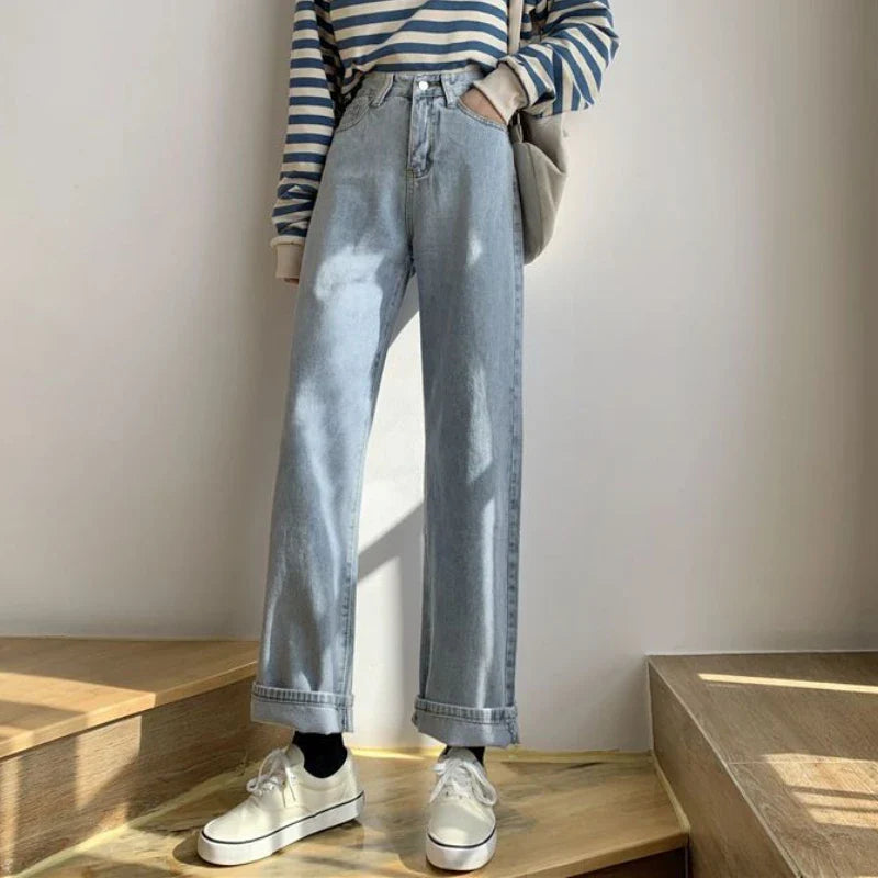 xsrrr Autumn Spring Jeans Women Denim Pants Vintage Straight Trousers Fashion Female White Black Solid Loose Casual Wide Leg Pants