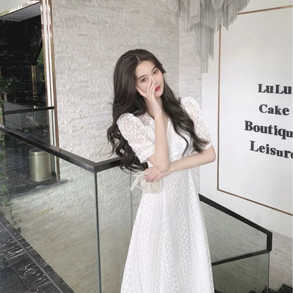 xsrrr DRESS TO IMPRESS Elegant V-neck Midi Dress Women Summer Puff Sleeve White Casual Party Dress Female Office Kawaii Lace One-piece Dress Korean Y2k