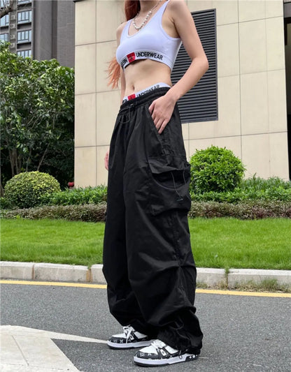 xsrrr Y2K Parachute Black Pants Women Hippie Streetwear Oversize Pockets Cargo Trousers Harajuku Wide Leg Baggy Sweatpants