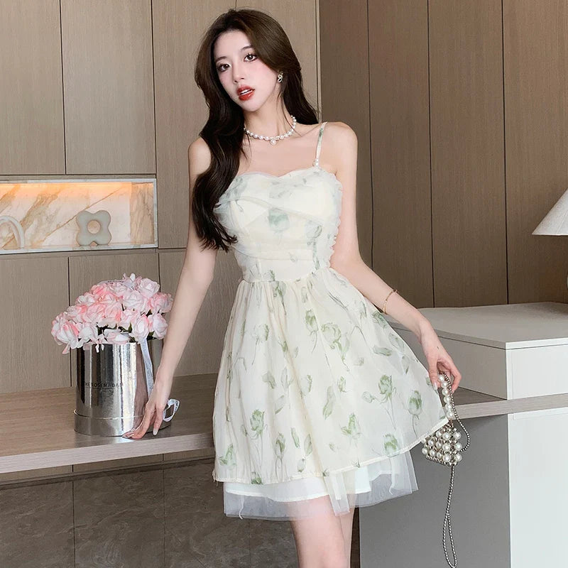 xsrrr Linen Cotton Dress Women Summer Mini Dress Ladies Vintage A-line Sling Dress Sexy Hot Girl Slash Neck Camisole Ruffle Sundress