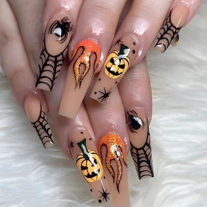 xsrrr Halloween Nails 24pcs Black Cool False Nails with Ghost Spider Web Pattern Decor Almond Fake Nail Tips Wearable Halloween Party Press on Nails