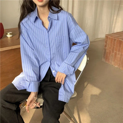 xsrrr Shirts Women Blue Striped Loose Harajuku Long Sleeve Casual Spring Tops Students All-match Fashion Simple Korean Ulzzang Chic BF