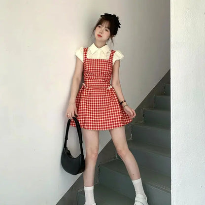 xsrrr Y2k Coquette Kawaii Cute Plaid Shirt Dress Women Preppy Style Sweet Girls Short Party Dresses 2024 Summer Fashion