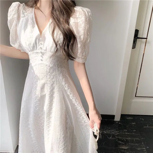 xsrrr DRESS TO IMPRESS Elegant V-neck Midi Dress Women Summer Puff Sleeve White Casual Party Dress Female Office Kawaii Lace One-piece Dress Korean Y2k