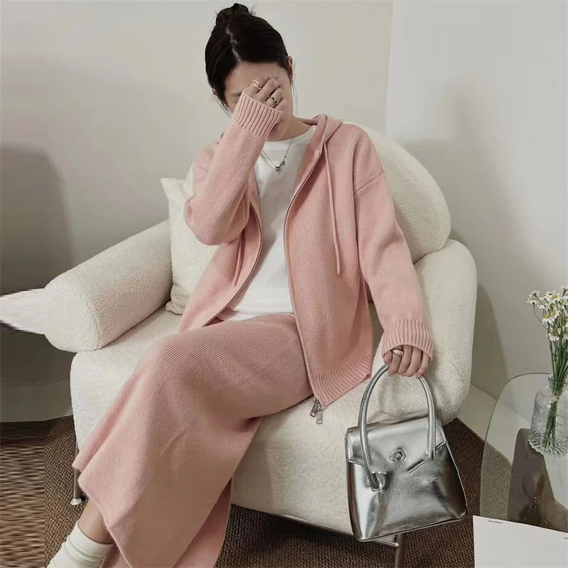 xsrrr Korean Lazy Style Women Knitted Sweater Casual Set Autumn Winter Hooded Zipper Cardigan Tops Knitwear Long Skirt Two-piece Suit