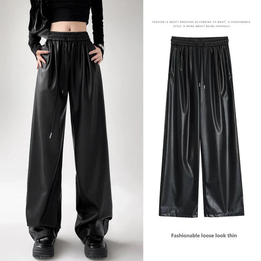 xsrrr Black Wide PU Leather Pants Women Autumn Vintage Elastic High Waist Y2K Harajuku Baggy Straight Trousers