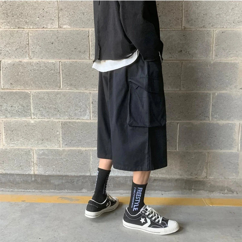 Casual Cargo Pants Men Calf-length Letter Oversize All-match Baggy Wide Leg Trousers High Street Hip Hop Trendy Harajuku Chic