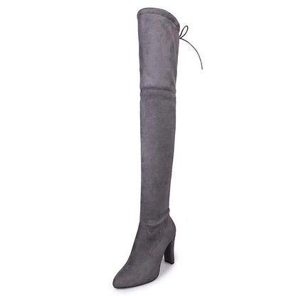 Hnewly Women Spring Autumn New Fashion Side Zipper Long Boots Were Thin High-heeled Thick Suede Over-the-knee Ladies Black Gray Shoes