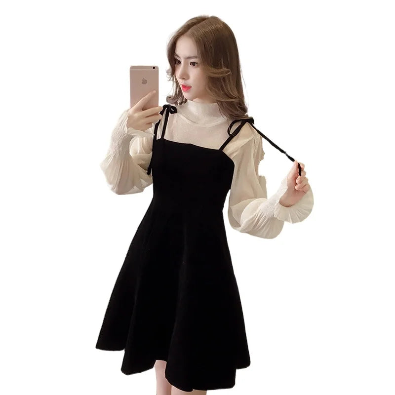 xsrrr Spring New Elegant Two Piece Dress for Women Women Winter Korean A-Line O-Neck Tops and Black Sundress Streetwear Dress Vestidos