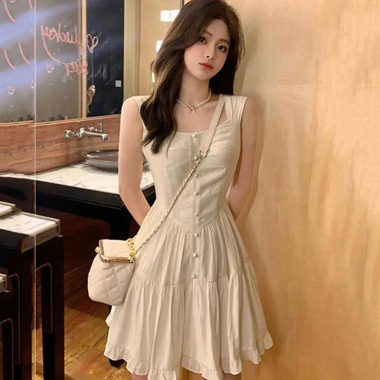 xsrrr DRESS TO IMPRESS Women Beige Dress Sexy Sweet Elegant Backless Ruffle Edge Mini Skirt Fashion Square Collar Lady Pleated Short Dresses Summer