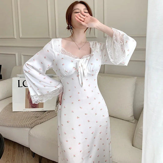 xsrrr Retro Court Style Square Collar Long Sleeve Nightdress New Spring Women Nightgown Sleepwear Sweet Print Flower Lace Home Dress