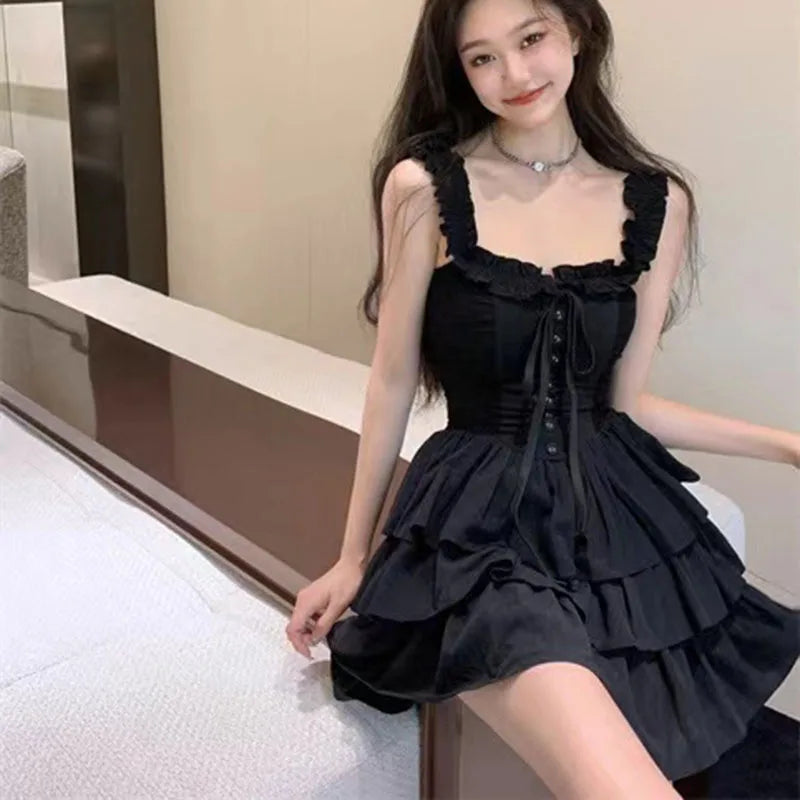 xsrrr Gothic Black Sexy Slip Dress Y2K Harajuku Streetwear Punk Lace Up Cake Dress Female Summer Korean Fashion Party Ruffles Dresses