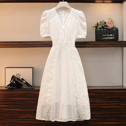 xsrrr DRESS TO IMPRESS Elegant V-neck Midi Dress Women Summer Puff Sleeve White Casual Party Dress Female Office Kawaii Lace One-piece Dress Korean Y2k