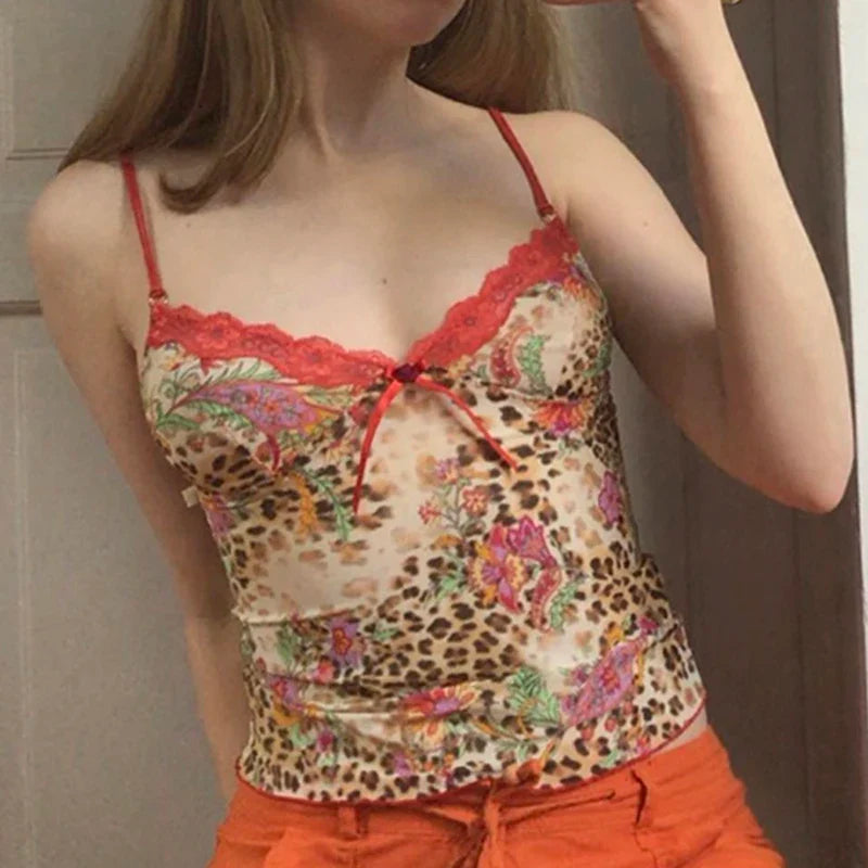 xsrrr Summer y2k Leopard Print Crop Top Women Sleeveless Lace Patchwork Skinny Bow Tees Sexy Clubwear Strap Tops 2024 New Lady