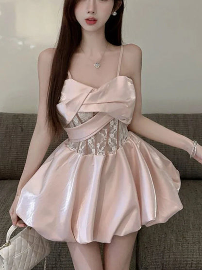 xsrrr French Fashion Princess Elegant One Piece Dress Women Summer New Pink Slim Mini Dress Female Y2k Vintage Sleeveless Dress 2024