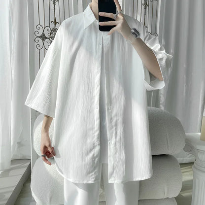 Summer Short Sleeved Shirt Men Oversized Fashion Casual White Shirt Men Korean Loose Ice Silk Shirt Mens Formal Shirts