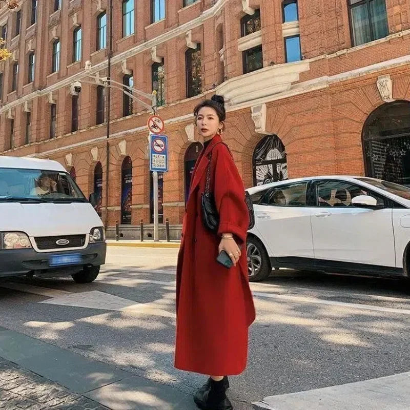 xsrrr New Large Size Hepburn Style Red Woolen Coat for Women Autumn and Winter Fat Mm Loose Long Thick Woolen Coat