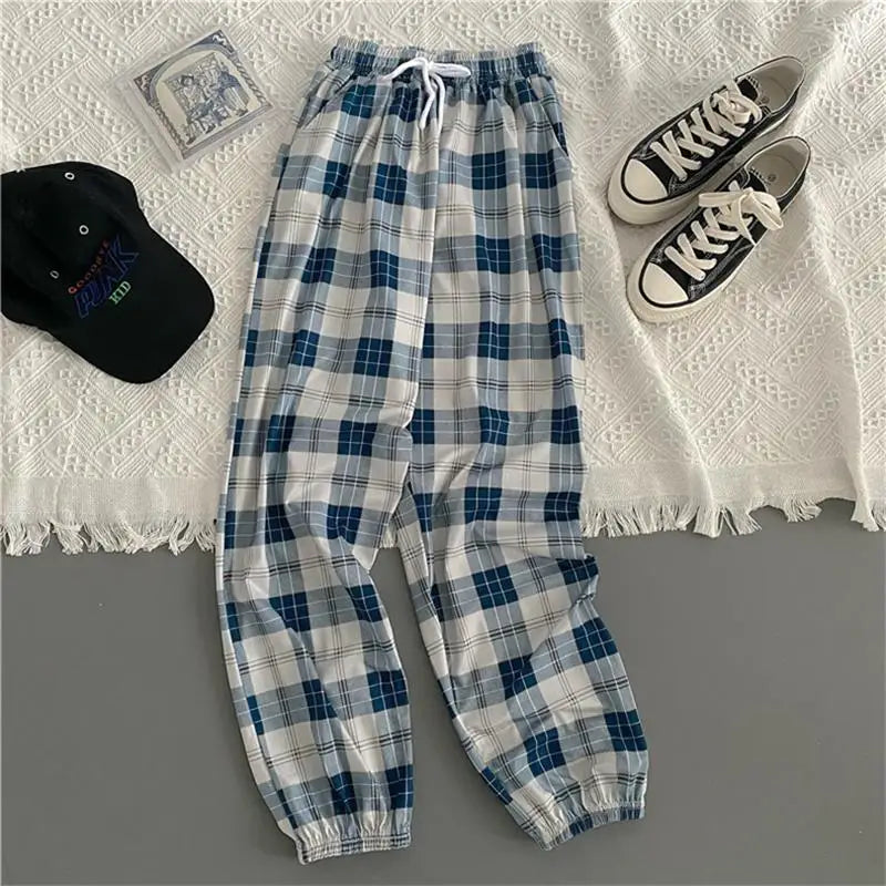 xsrrr Casual Pants for Women Korean New Fashion Loose Black Plaid Summer Harajuku Students Harem Long Pants Streetwear Trousers Chic