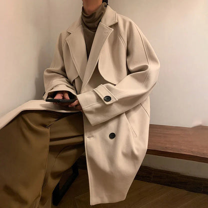 Mens Gray German Woolen Coat Autumn Winter Mid-Length Thickened High-End Retro Elegant Handsome Comfortable Coat Oversize