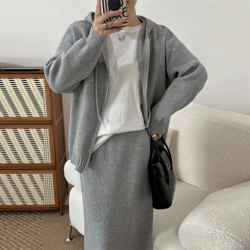 xsrrr Korean Lazy Style Women Knitted Sweater Casual Set Autumn Winter Hooded Zipper Cardigan Tops Knitwear Long Skirt Two-piece Suit