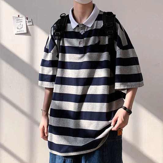 Striped Print POLO Shirts Summer Mens Clothes Classic Contrast Color Lapel Top Cotton Oversize Loose Sports Short Sleeve T-Shirt