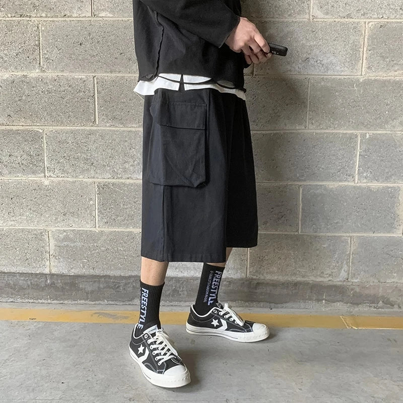 Casual Cargo Pants Men Calf-length Letter Oversize All-match Baggy Wide Leg Trousers High Street Hip Hop Trendy Harajuku Chic