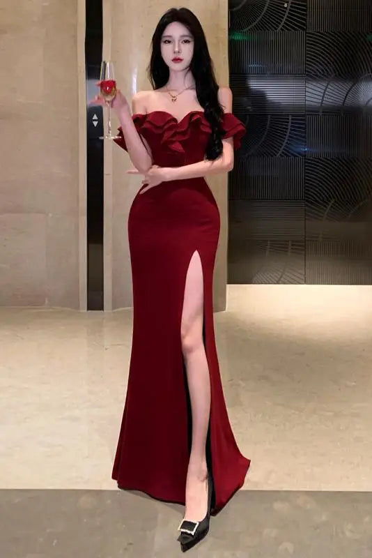 xsrrr DRESS TO IMPRESS Red Sexy Club Backless High Split Ruffles Wrapped Hip Dress Elegant Luxury Off Shoulder Party Evening Dresses Women Summer