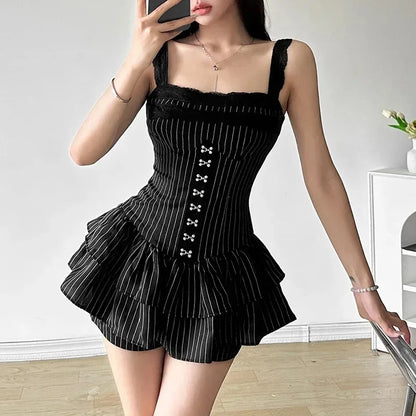 xsrrr Vintage Dark Fairy Grunge Striped Ruffles Hem Culottes Sexy Lace Straps Y2K Playsuits Gothic Trim Zip Dress Streetwear + Shorts