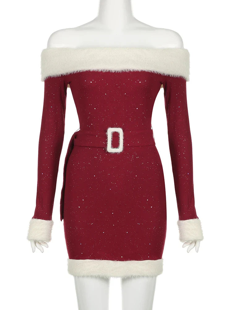 xsrrr Christmas Party Dress Slim Patchwork Fur Trim Bodycon Dress With Belt Casual Slash Neck Long Sleeve Mini Dresses Women