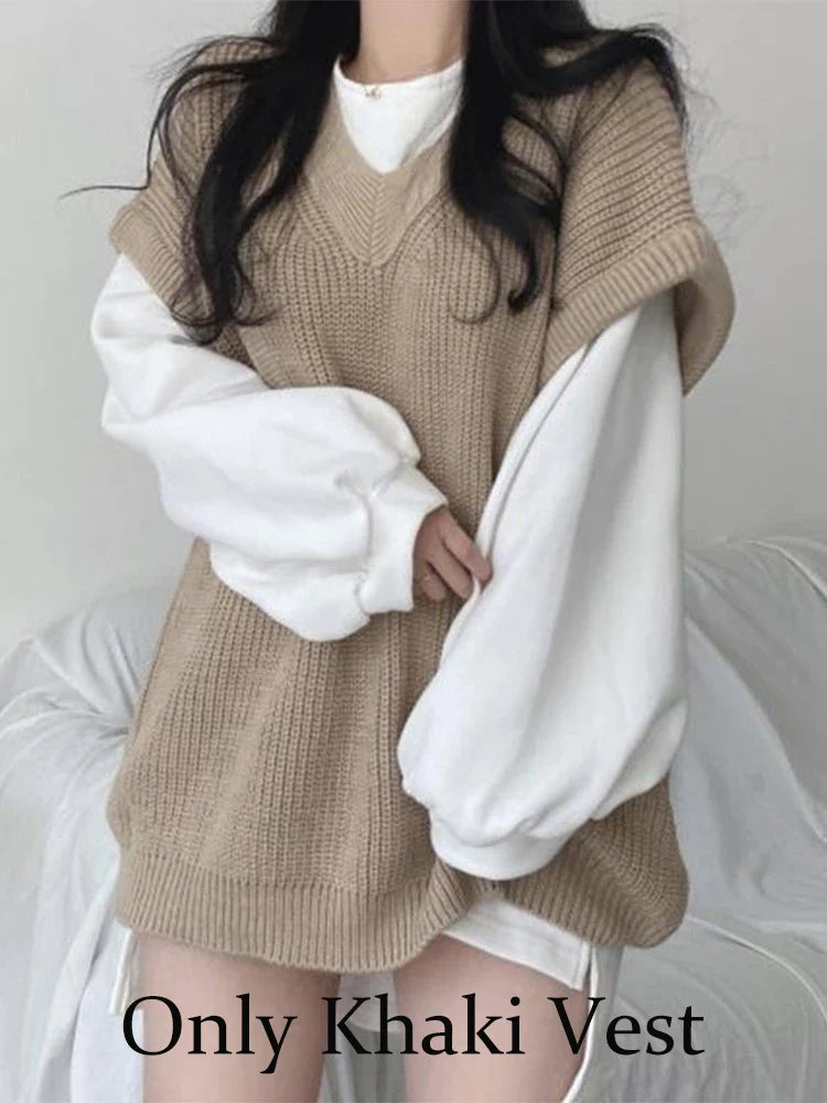 xsrrr Autumn Winter Vest Women Korean Style Knitted Sweaters Female Oversized Preppy Jumper Ladies Casual Loose Long Sleeve Pullovers