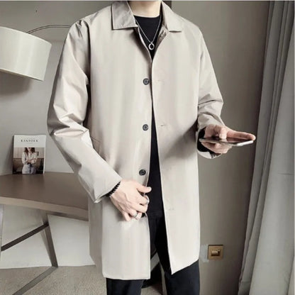 Men Trench Coat Loose Fit Long Lapel Single Breasted Windbreaker Fashion Jacket Office Button Overcoat Oversized Men Clothing